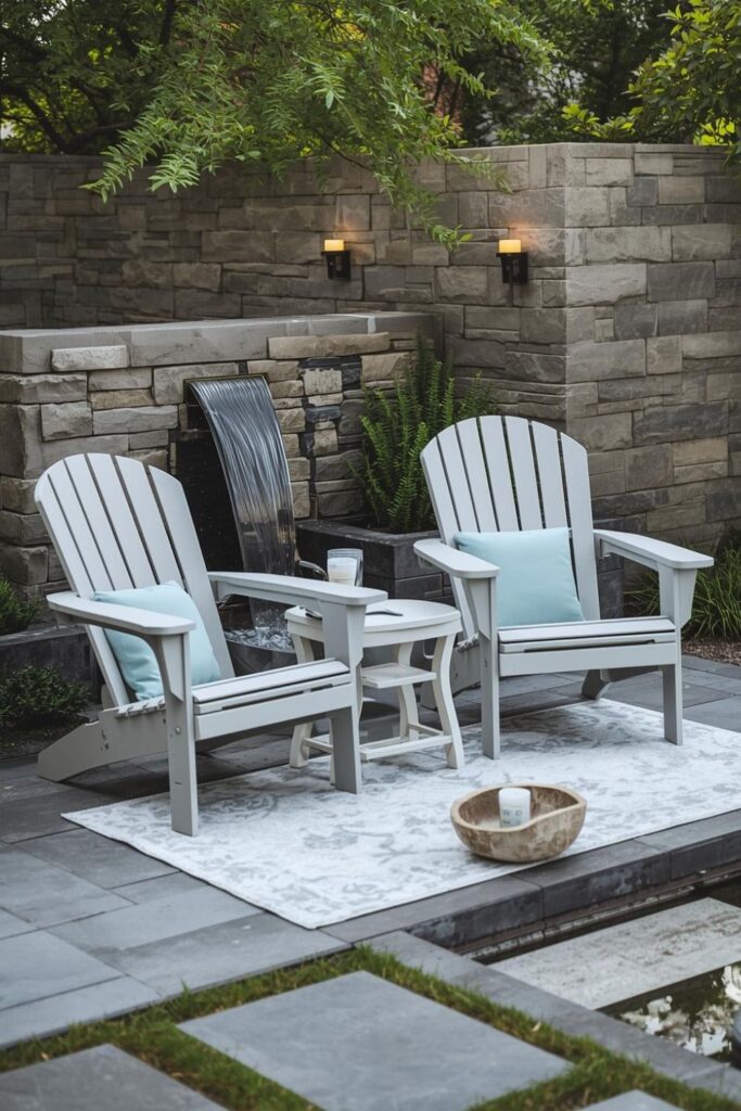 Adirondack Pair Near Water Feature With Slate Stepping Stones