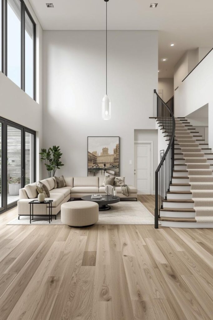 Airy Cream Open-Concept Living Room with Runner Staircase