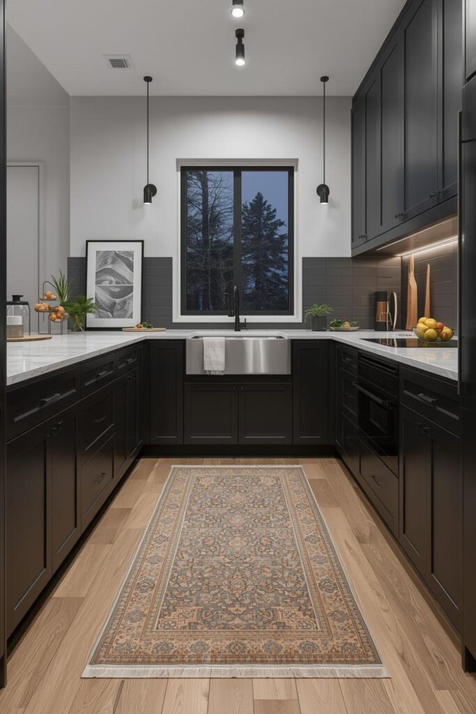 Apartment Black Kitchen With Taupe Vintage Runner Evening Mood