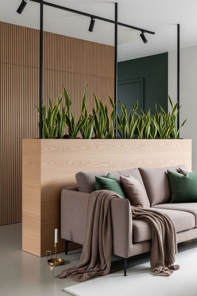 Ash Wood Half-Wall Partition With Built-In Planter Trough