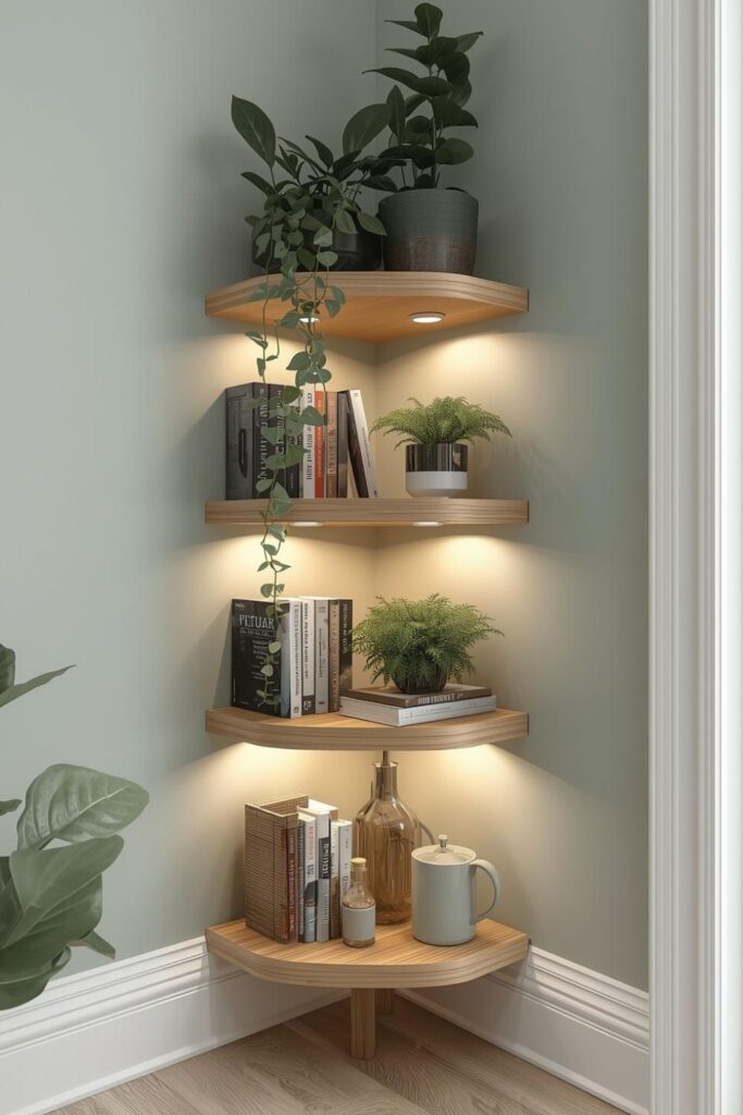 Ash Wood and Sage Corner Shelf with Quiet Fresh Styling