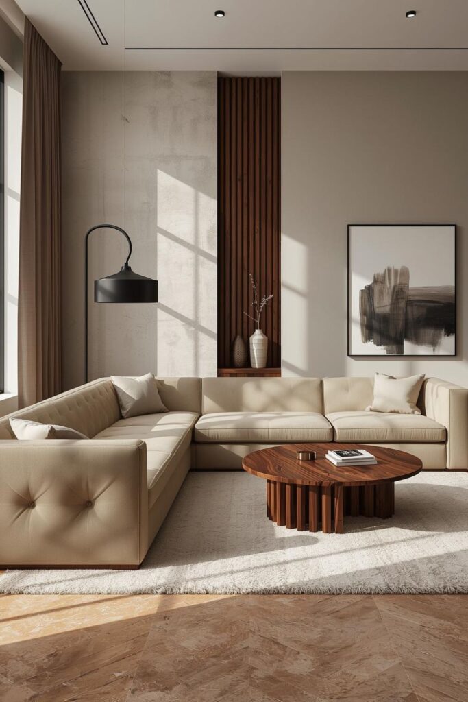 Asymmetrical Modern Layout With Textured Plaster and Walnut Slats