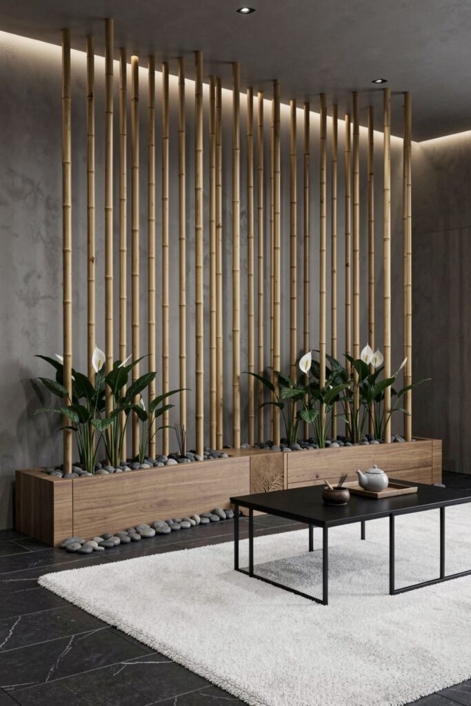 Bamboo-Inspired Wood Partition With Zen Planters And River Stones