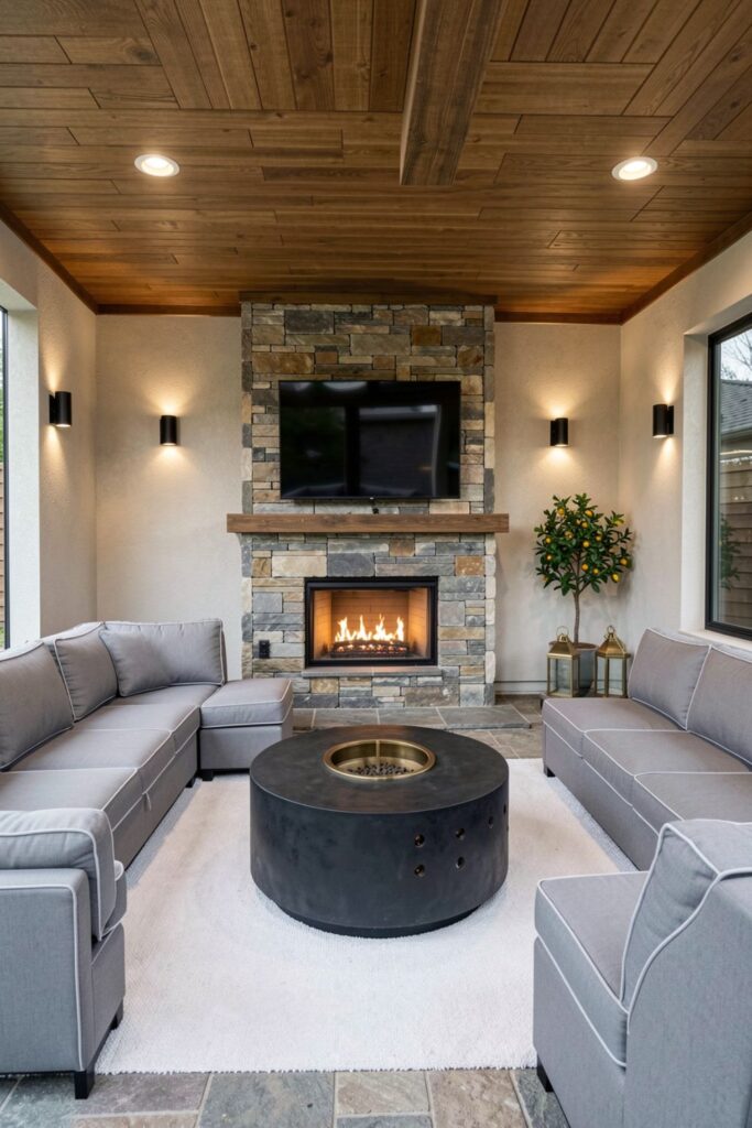 Basalt Stone Fireplace With Mist Gray Sectional And Brass Accents