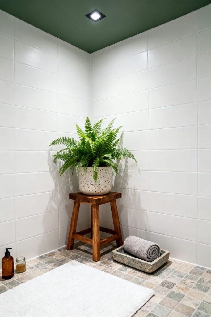 Bathroom Plant Corner With Teak Stool and Stone Tray