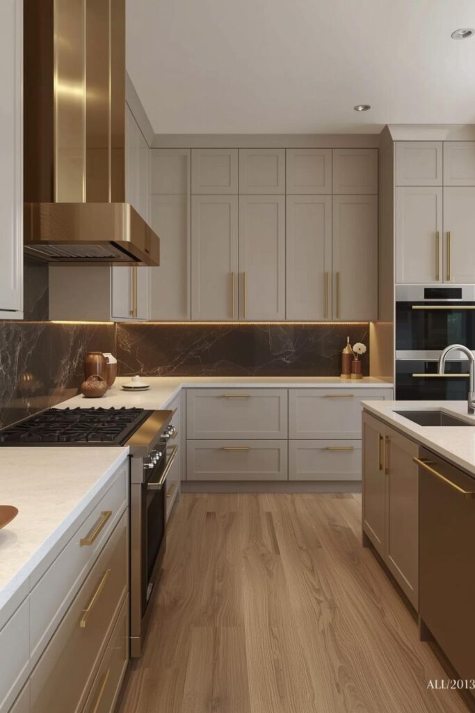 Beige Gloss Cabinets with Brushed Gold Hood and Espresso Marble