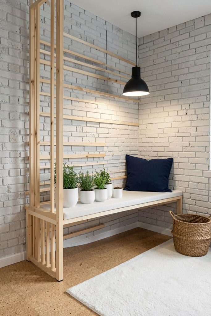 Birch Slat Divider With Built-In Bench And Herb Planters