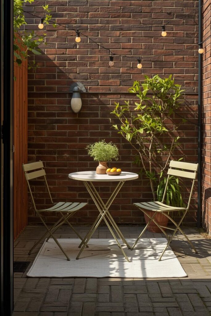 Bistro Corner With Folding Chairs and Draped String Lights