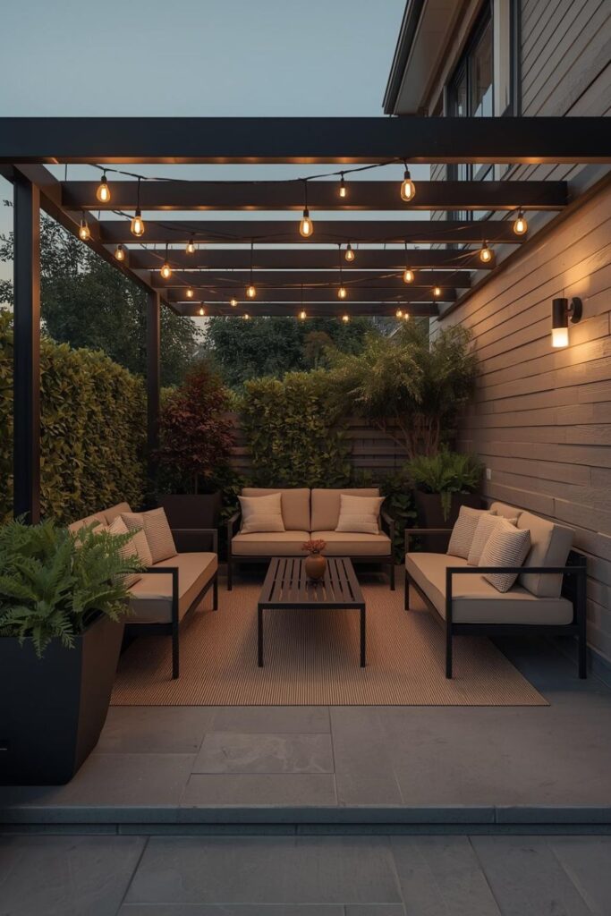 Black Pergola with Beige Cushions for Clean Minimal Comfort