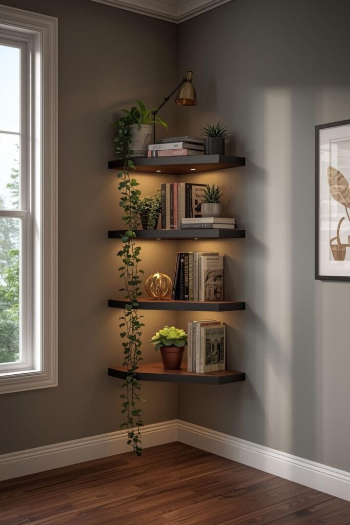 Black Walnut and Brass Corner Shelf with Gallery Accents
