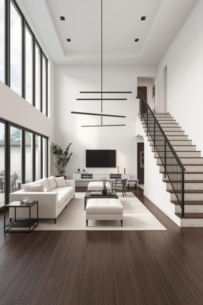 Black-and-White Contrast Living Room with Floating Staircase Lines