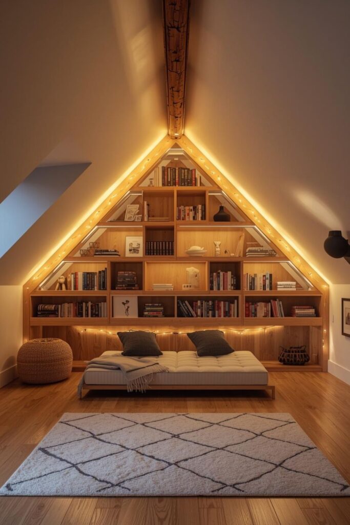 Blackened Beams with Maple Shelves and Bright Backlit Book Wall