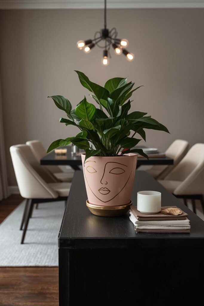 Blush-and-Brass Line Art Pot for a Chic Dining Room Console
