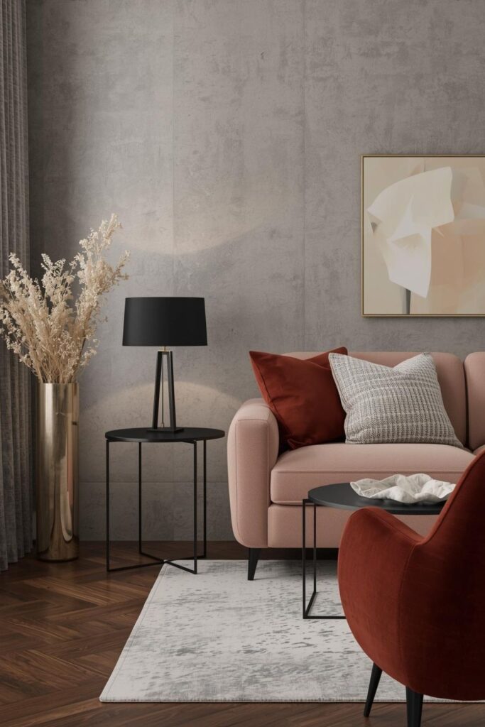 Blush and Rust Boho Living Room With Curved Seating