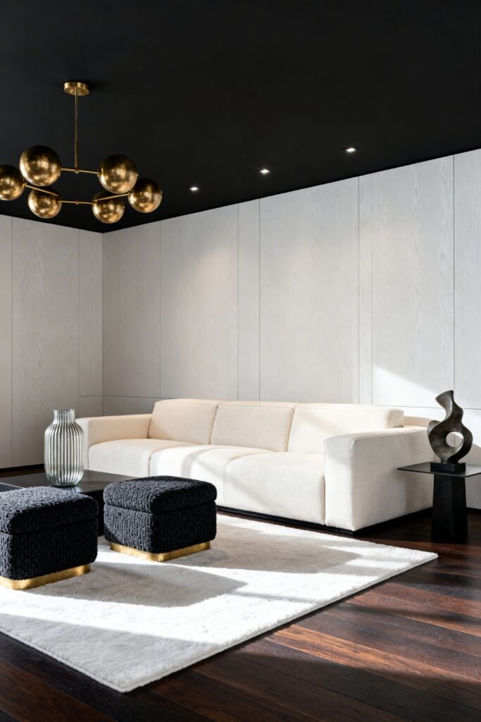Bold Black Ceiling With Cream Sofa and Brass Details