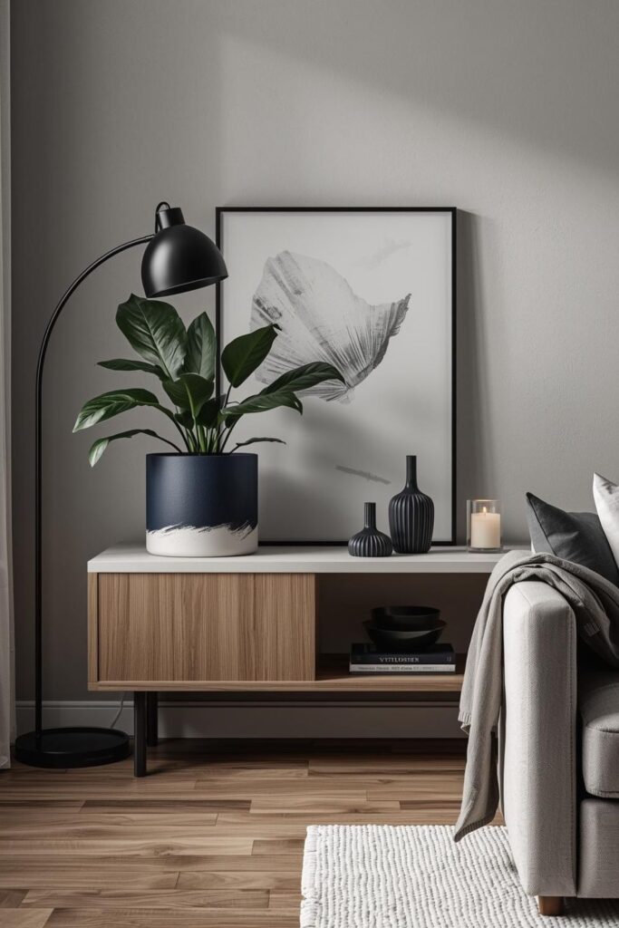 Bold Navy Brushstroke Pot for a Gallery-Style Living Room Ledge