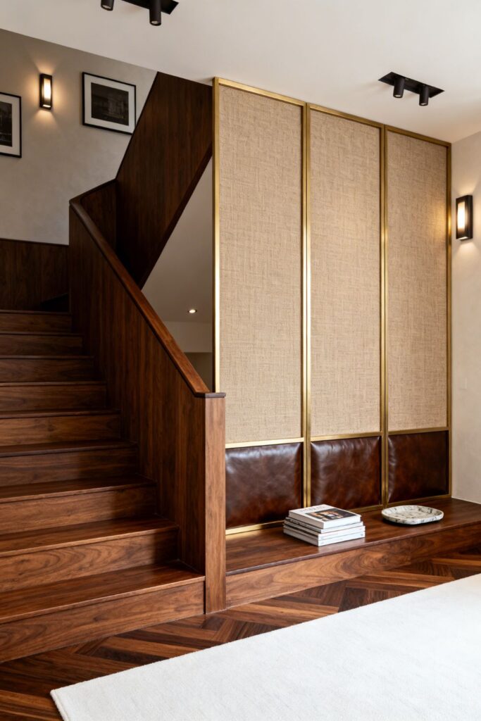 Brass-Framed Fabric Panel Screen With Warm Walnut Staircase