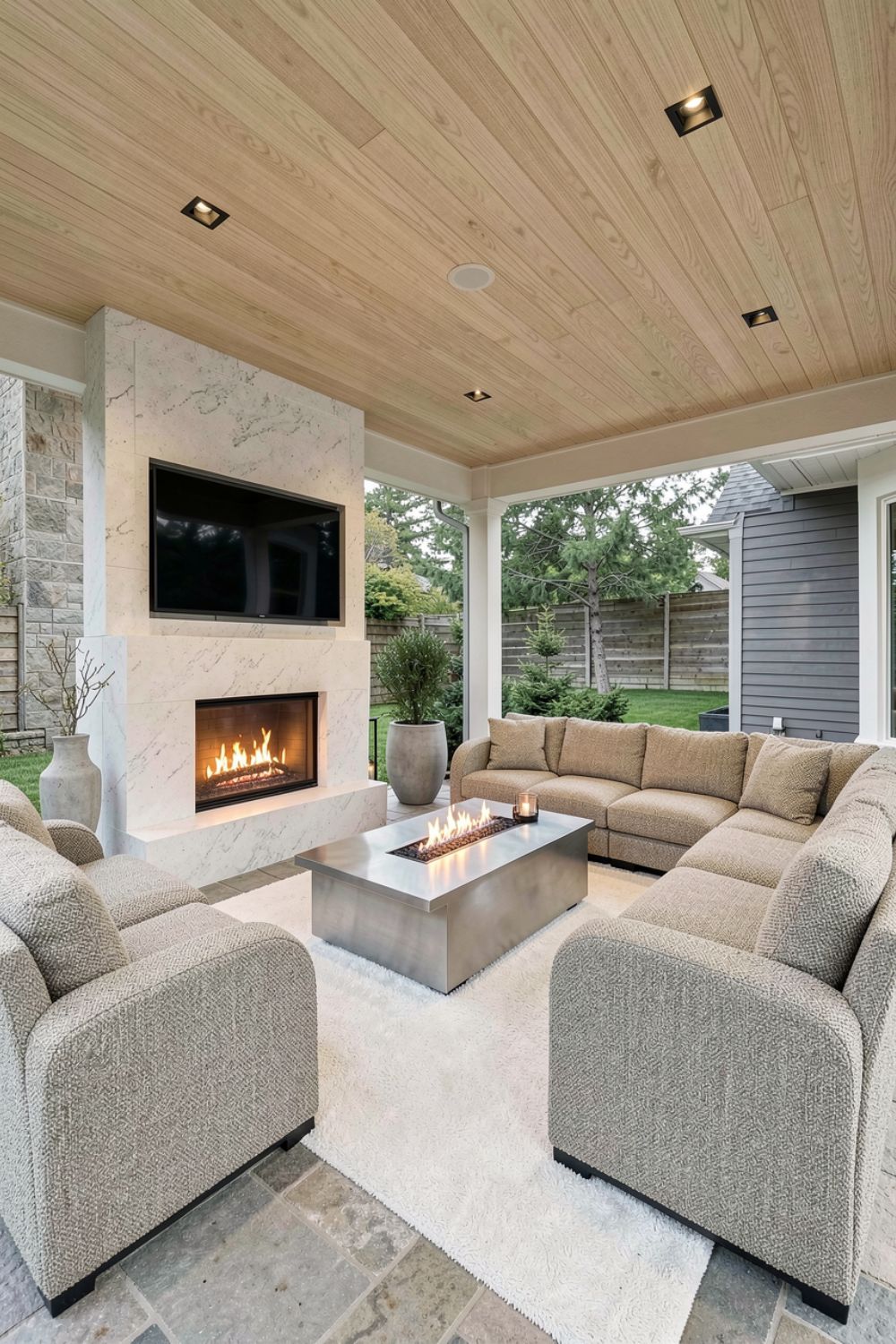 Bright Quartzite Fireplace With Soft Greige Sectional Serenity