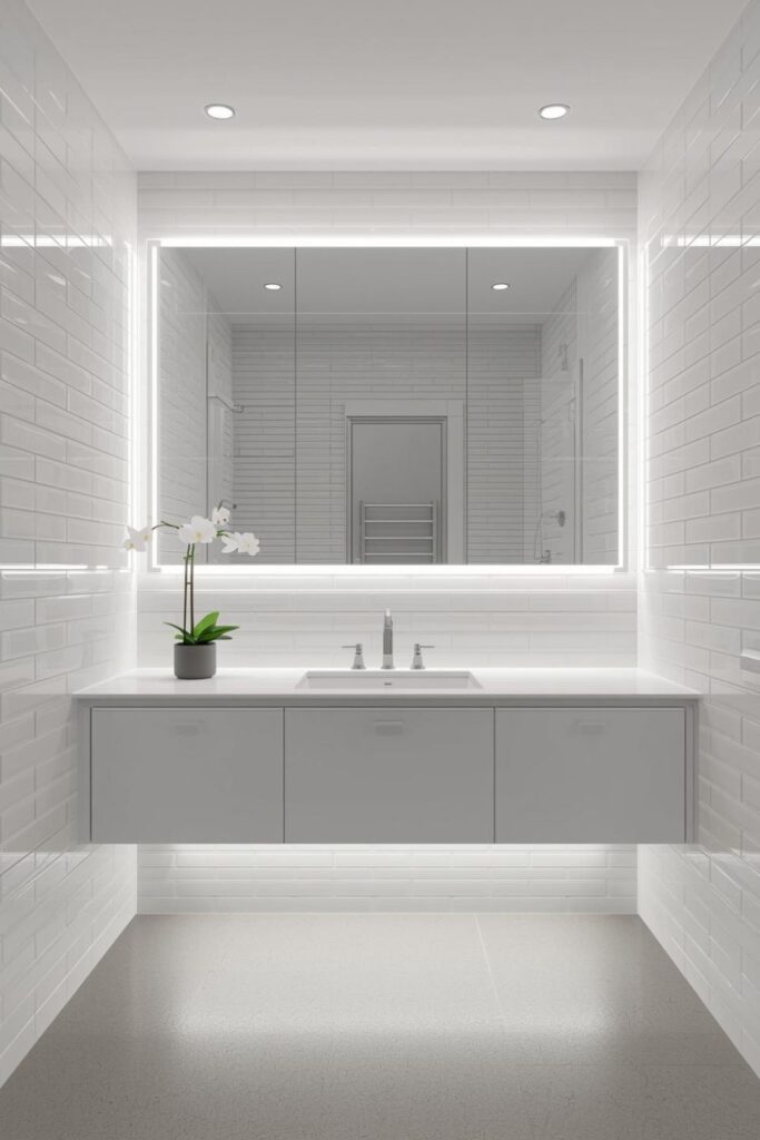 Bright White Tile Bathroom with Oversized Backlit Mirror Wall