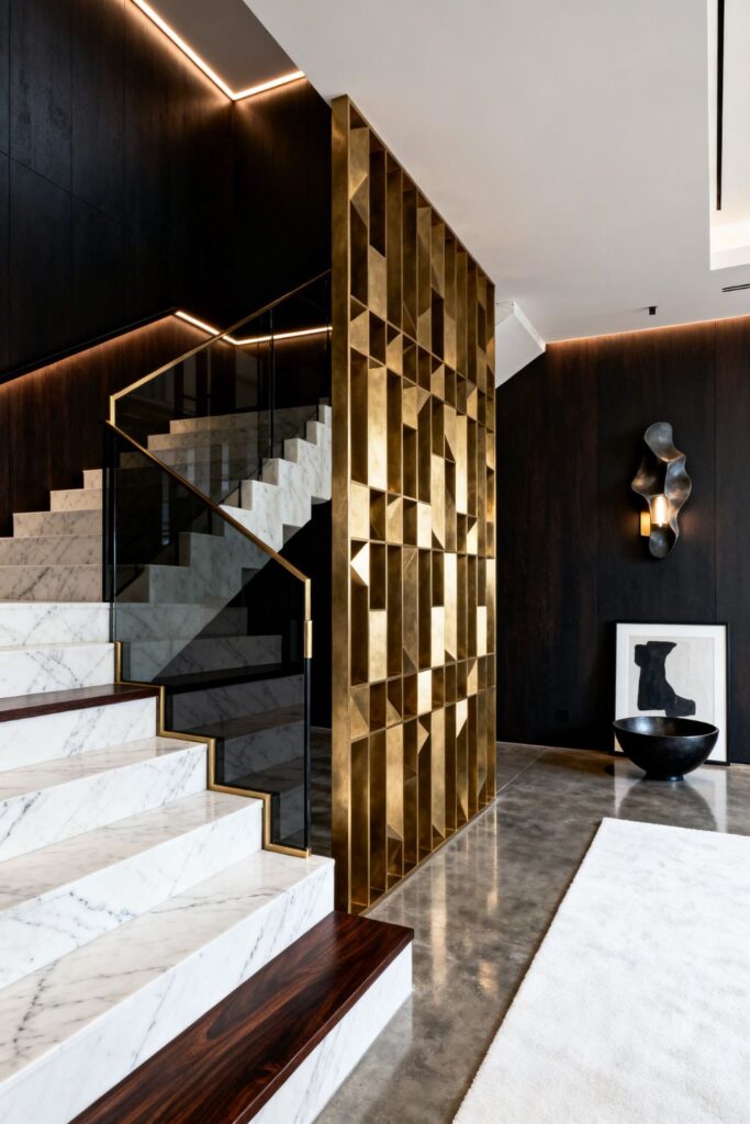 Brushed Brass Geometric Screen With White Marble Stair Risers