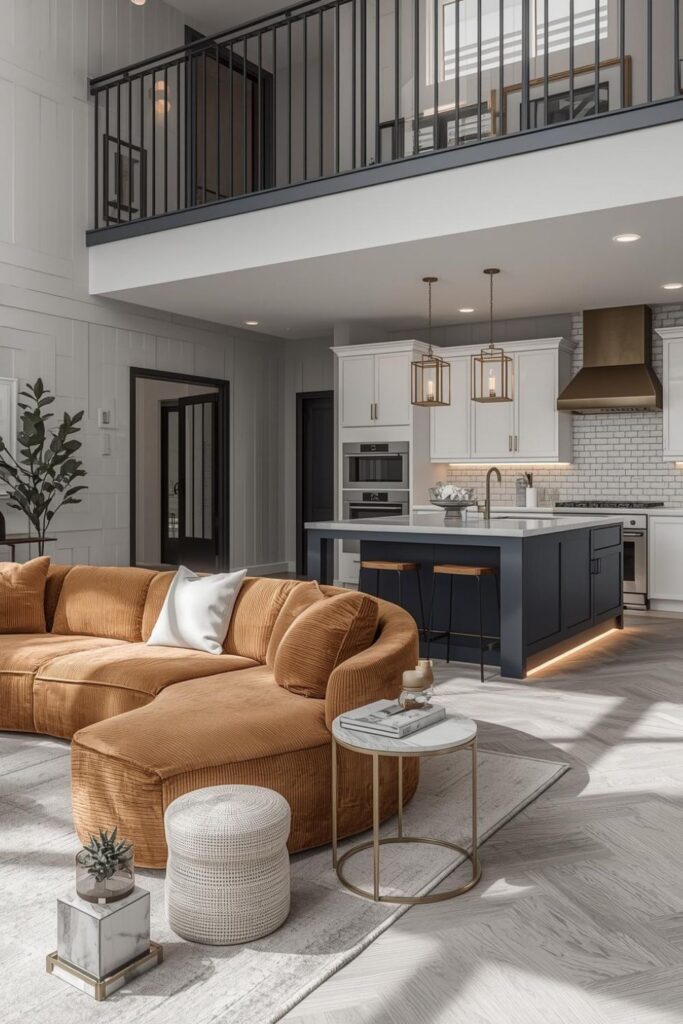 Camel Chenille Curve Sofa With Navy Kitchen Island Contrast