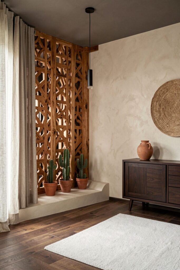 Carved Mango Wood Partition With Cactus Trio And Clay Vases