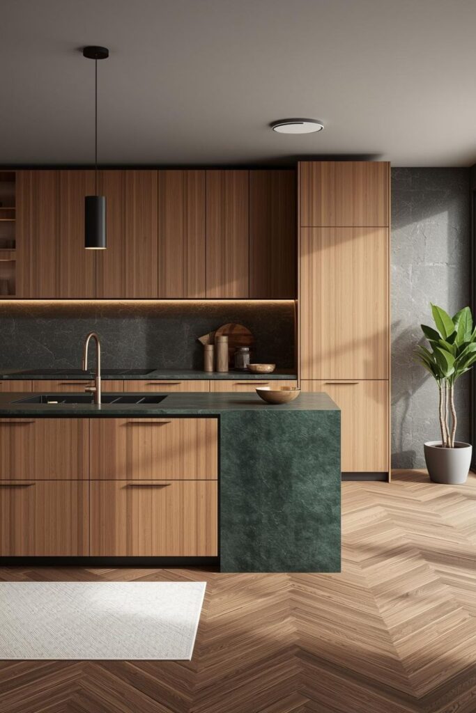 Cedar Open Kitchen With Green Stone Island Countertop