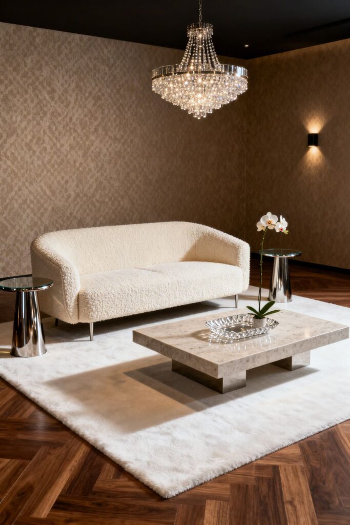 Champagne Metallic Accents With Cream Bouclé and Stone