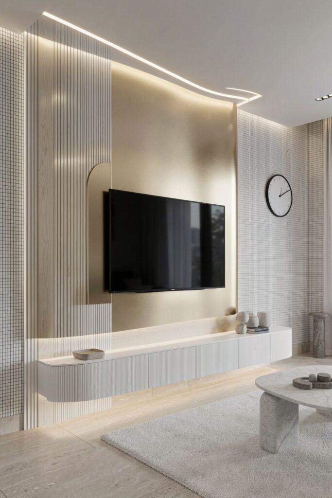 Champagne Metallic Curve With White Oak Grid and Hidden LEDs