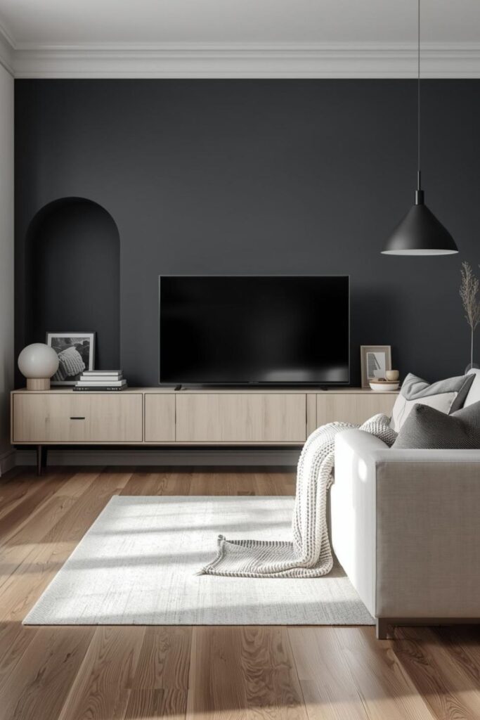 Charcoal Feature Nook with Light Wood and Soft White Textiles