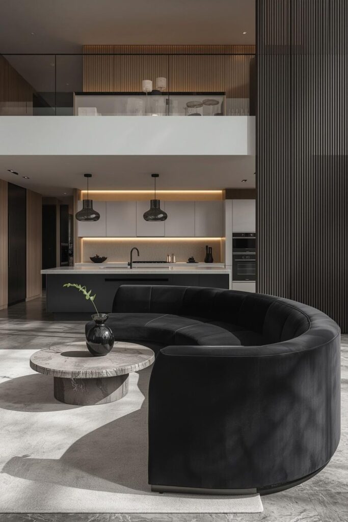 Charcoal Velvet Crescent Sofa With White Oak Kitchen Wall