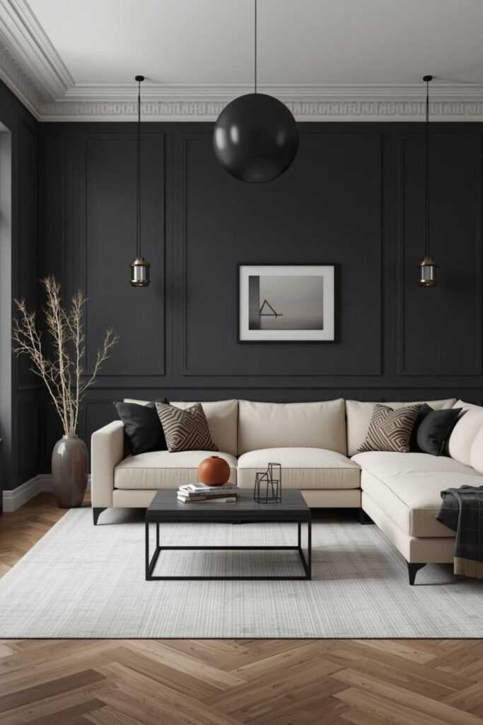 Charcoal Walls with Cream Sectional and Black Metal Accents