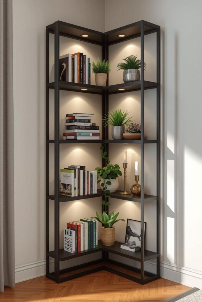 Charcoal and Gold Corner Shelf Styling with Sharp Contrast