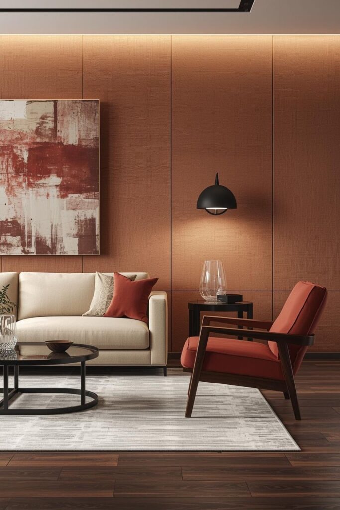 Cherry and Sand Boho Living Room With Statement Art and Glass