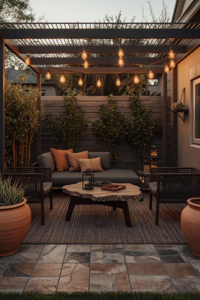 Clay and Charcoal Pergola Scene with Earthy Modern Texture Mix
