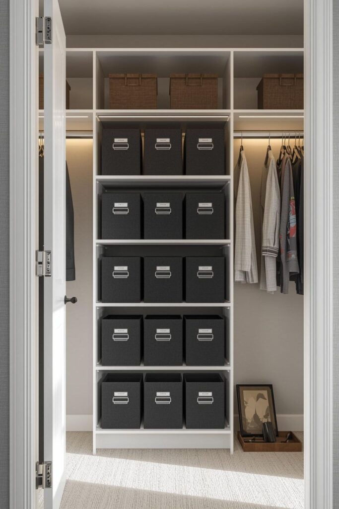 Closet Shelf CD Boxes With Category Labels