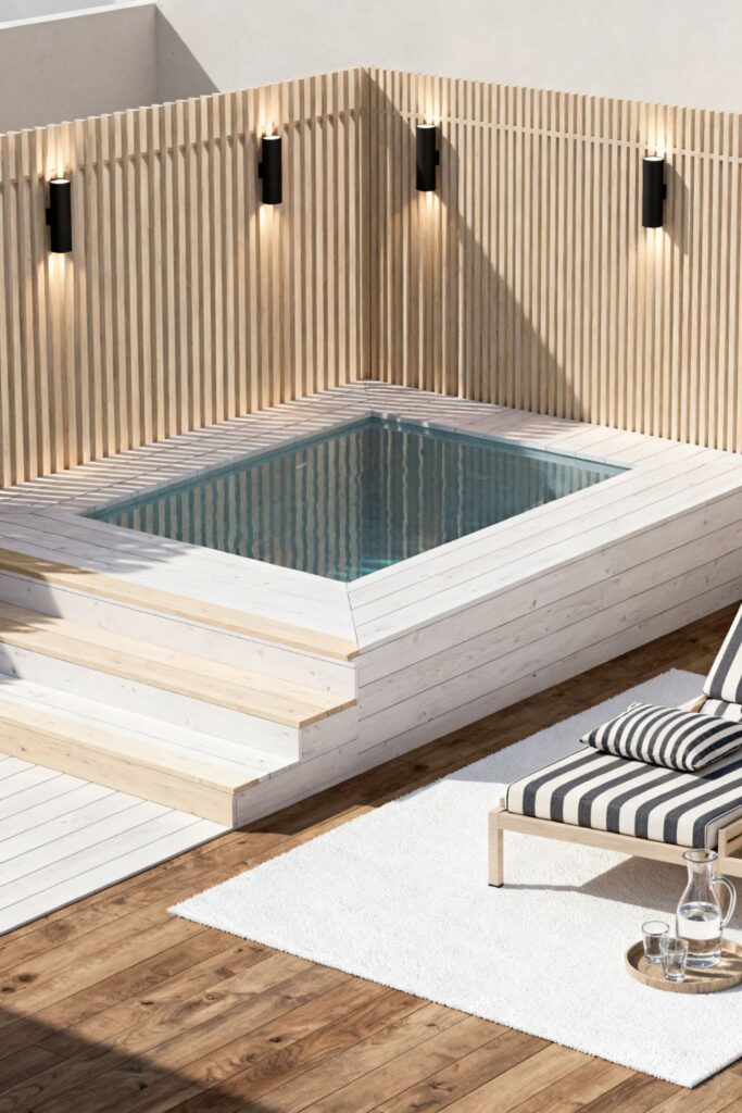 Coastal White-and-Oak Deck With Slatted Privacy Screen