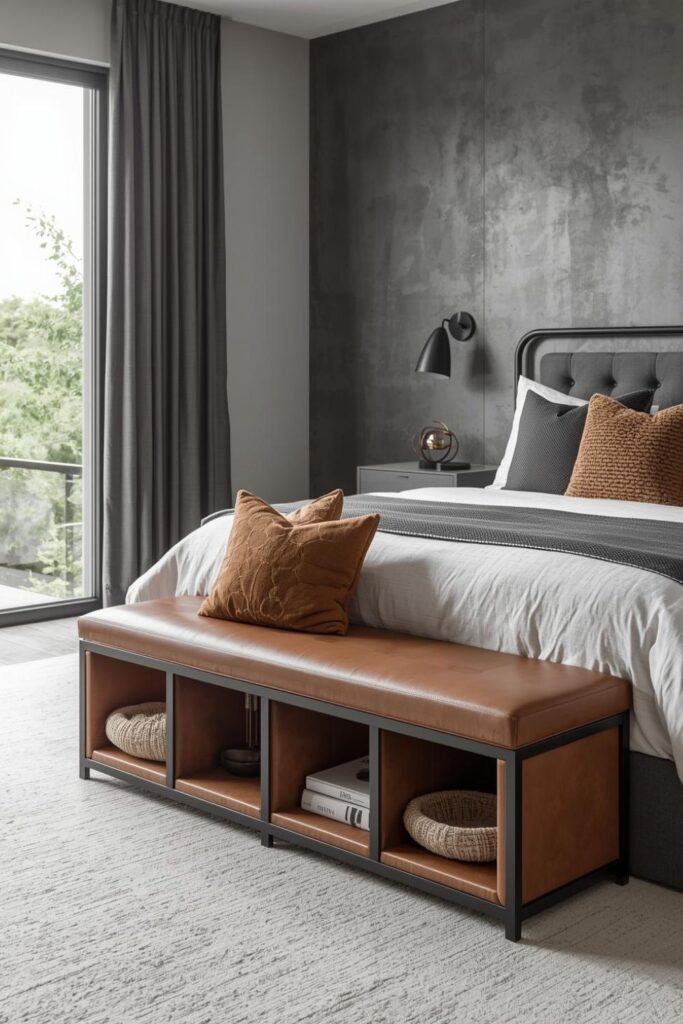 Cognac Upholstered Bench with Black Frame and Cube Cubbies