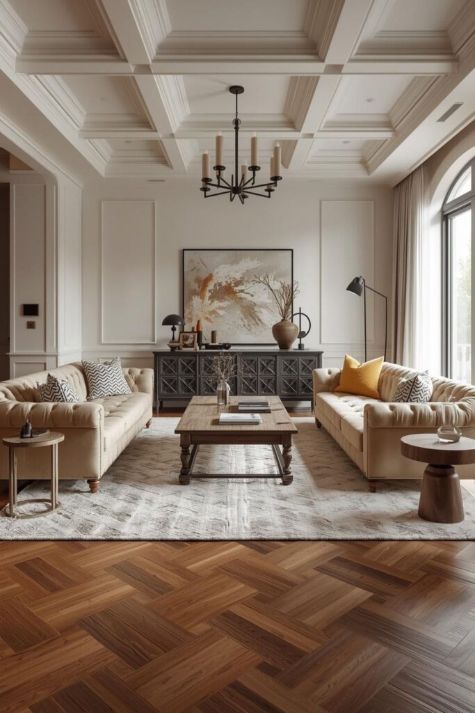 Contemporary European Symmetry With Coffered Ceiling and Ash Wood