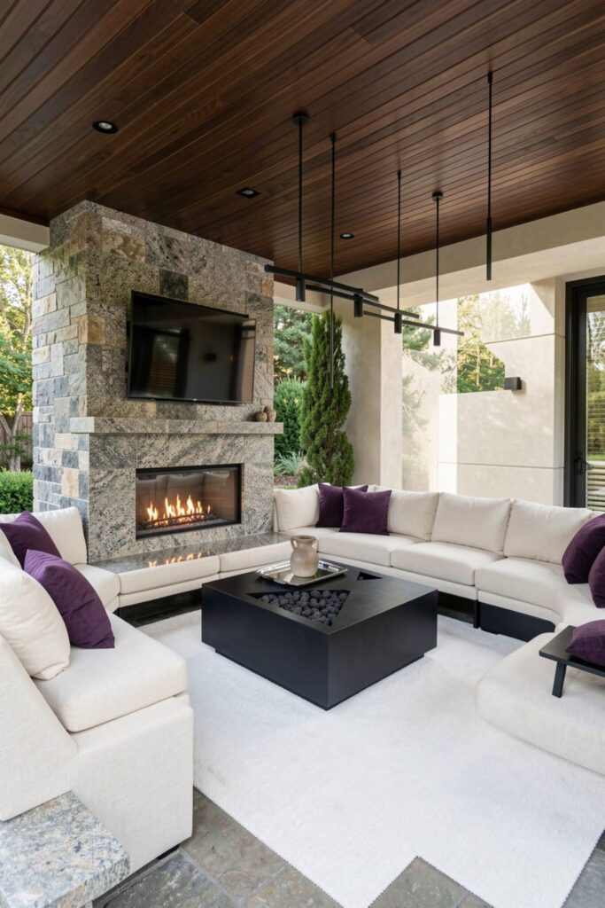 Contemporary Granite Fireplace With Plum Accents And Cream Sectional