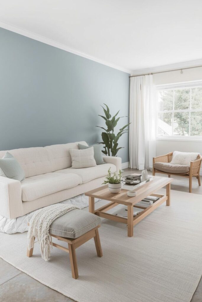 Cool Mist Blue Accent Wall with Cream Bouclé Seating