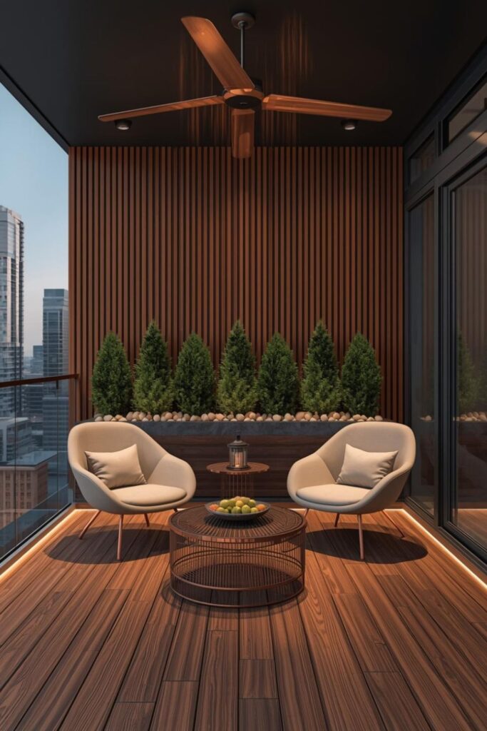 Copper and Cream Balcony with Slat Wall and Sculptural Lounge Chairs