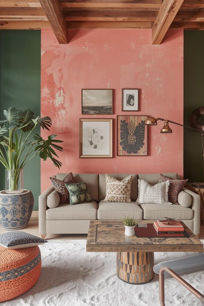 Coral and Forest Boho Living Room With Layered Rugs Look
