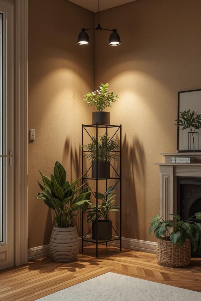 Corner Indoor Garden With Tiered Stand And Warm Spotlights