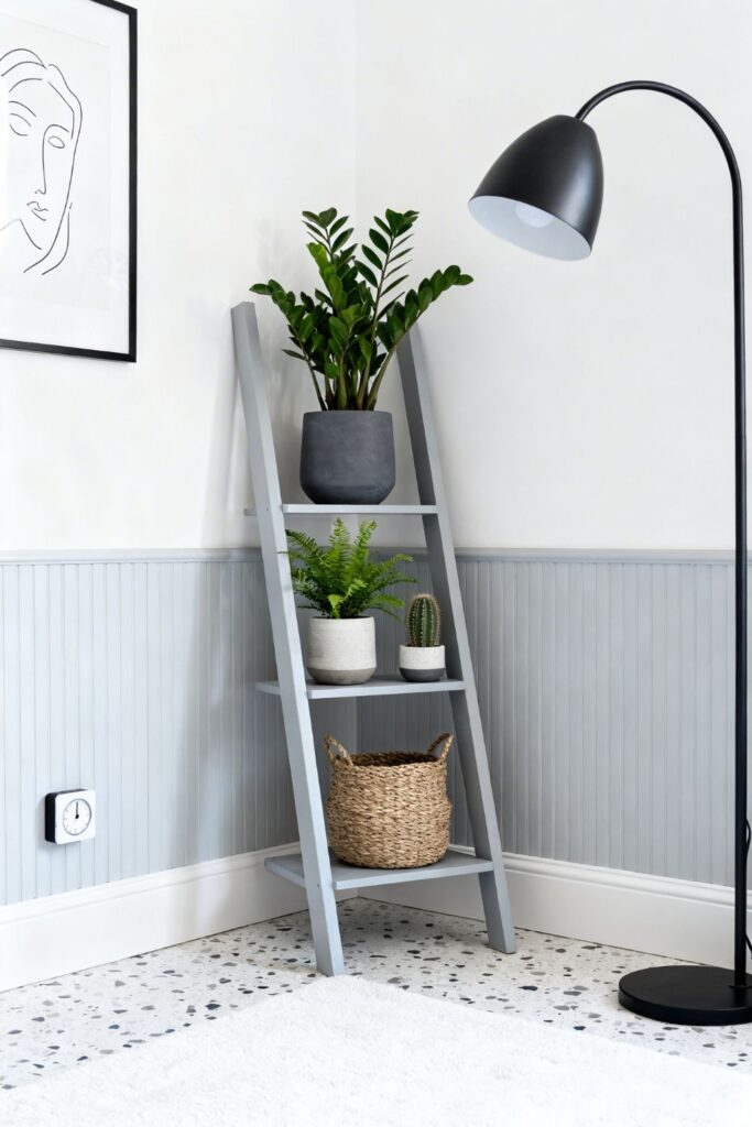 Corner Ladder Shelf Plant Display in Soft Monochrome