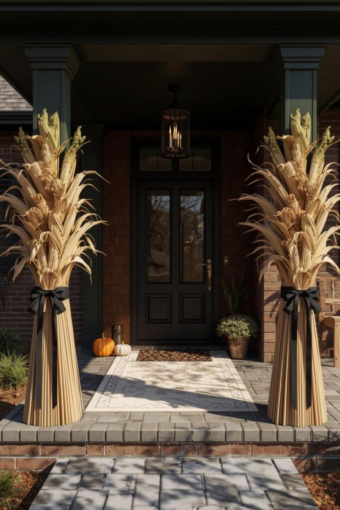 Cornstalk Wrapped Columns with Pumpkin Clusters at the Base