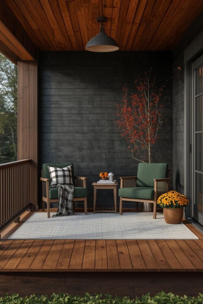 Cozy Porch Seating Corner with Plaid Throws and Mums