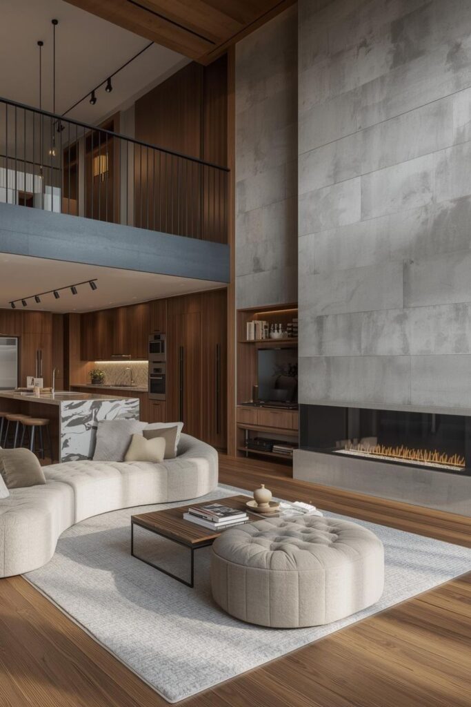 Cream Bouclé Curved Sofa With Walnut Open Kitchen Island