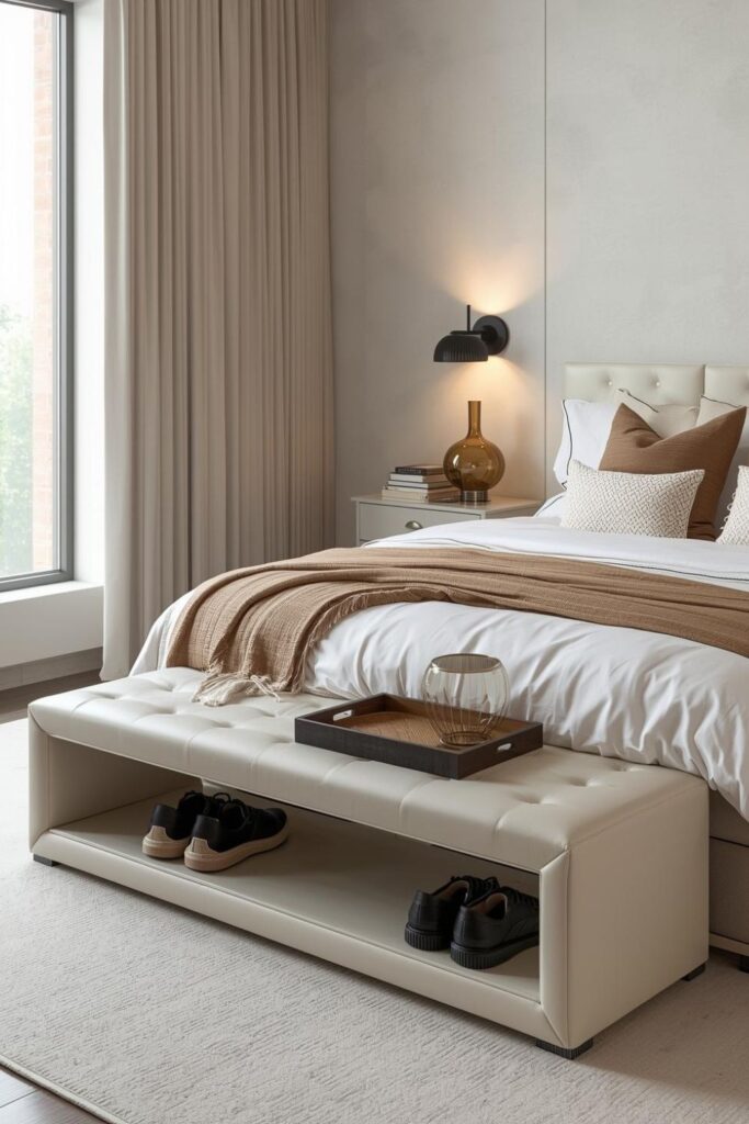 Cream Faux-Leather Bench with Open Shoe Shelf Storage
