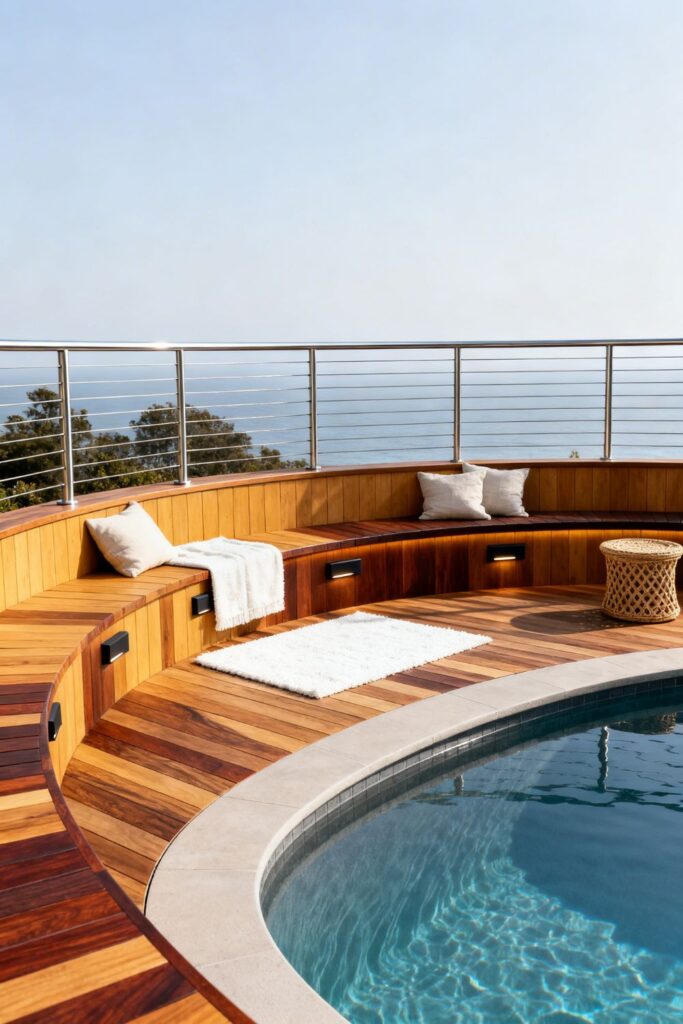 Curved Cedar Wraparound Deck With Built-In Bench Seating